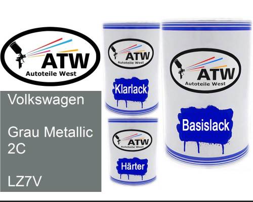 Volkswagen, Grau Metallic 2C, LZ7V: 500ml Lackdose + 500ml Klarlack + 250ml Härter - Set, von ATW Autoteile West.